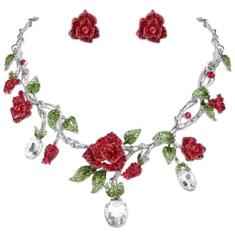 Silver and Austrian Crystal Rose Flower with Leaf Necklace & Earrings Set